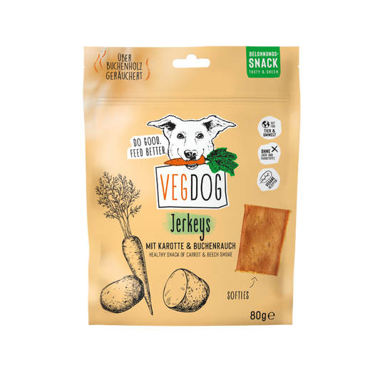 VEGDOG Jerkeys mit Karotte und Buchenrauch der gesunde Snack 80g